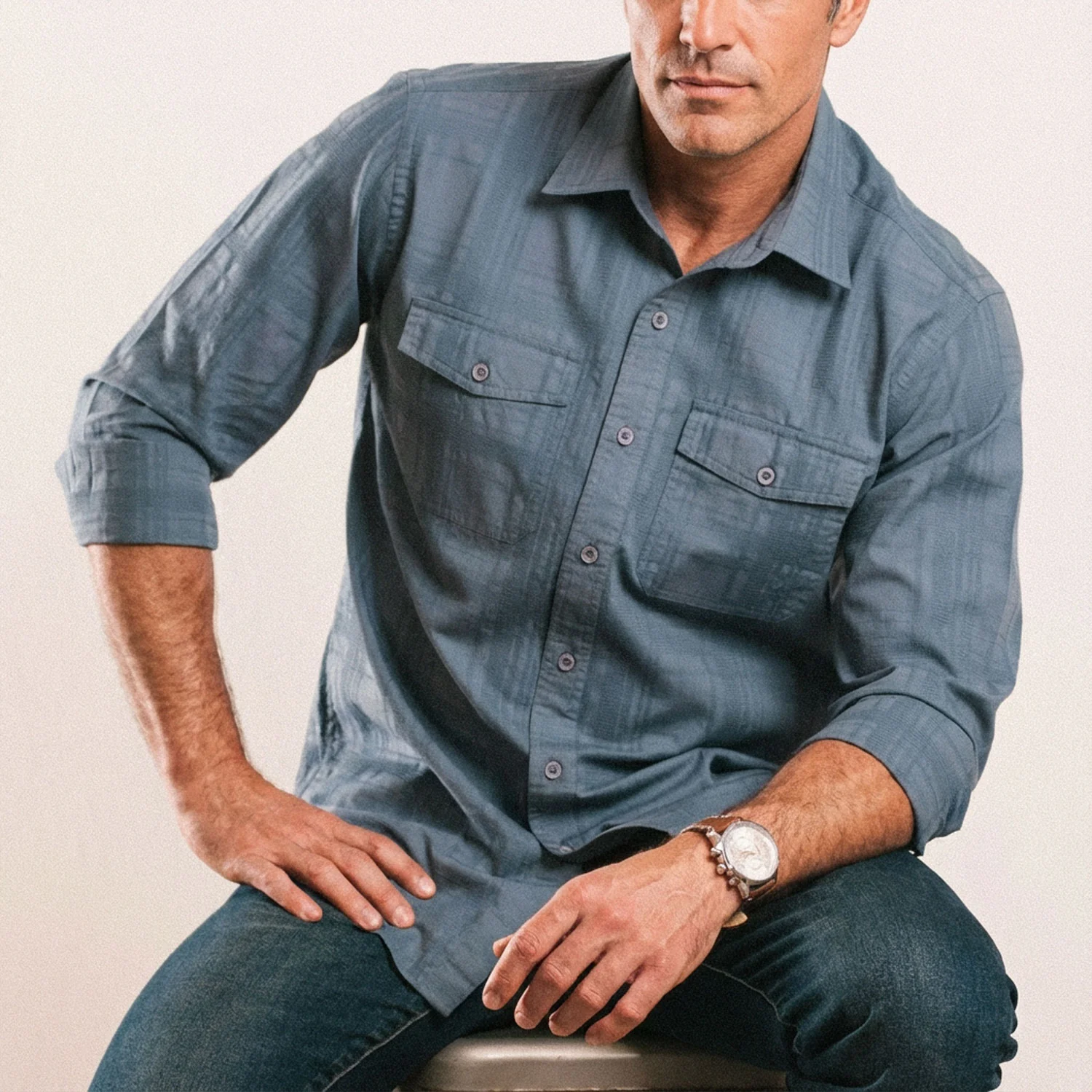 Davis Shadow Plaid Utility Shirt – Stone Blue Cotton - Image 4