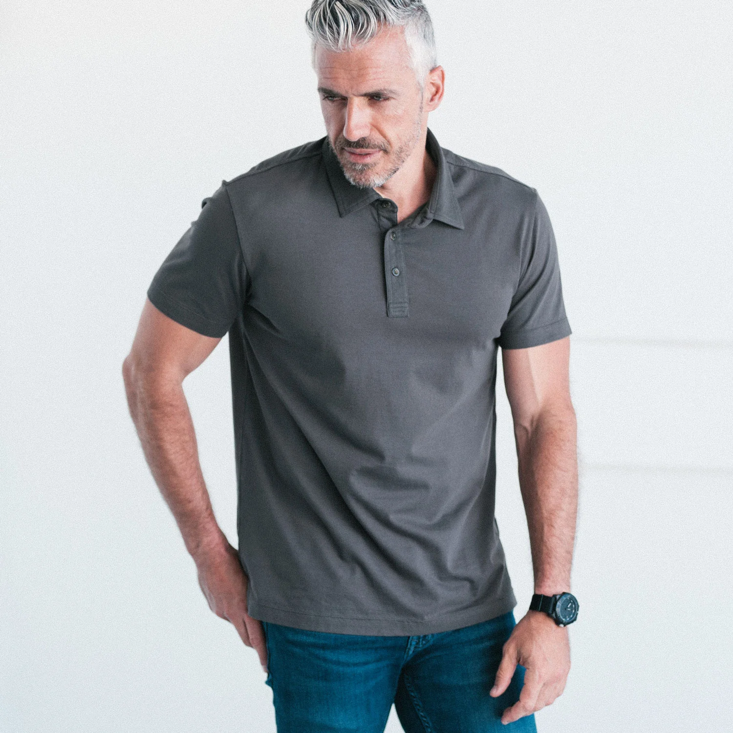 Essential Short Sleeve Polo Shirt –  Slate Gray Cotton Jersey - Image 5