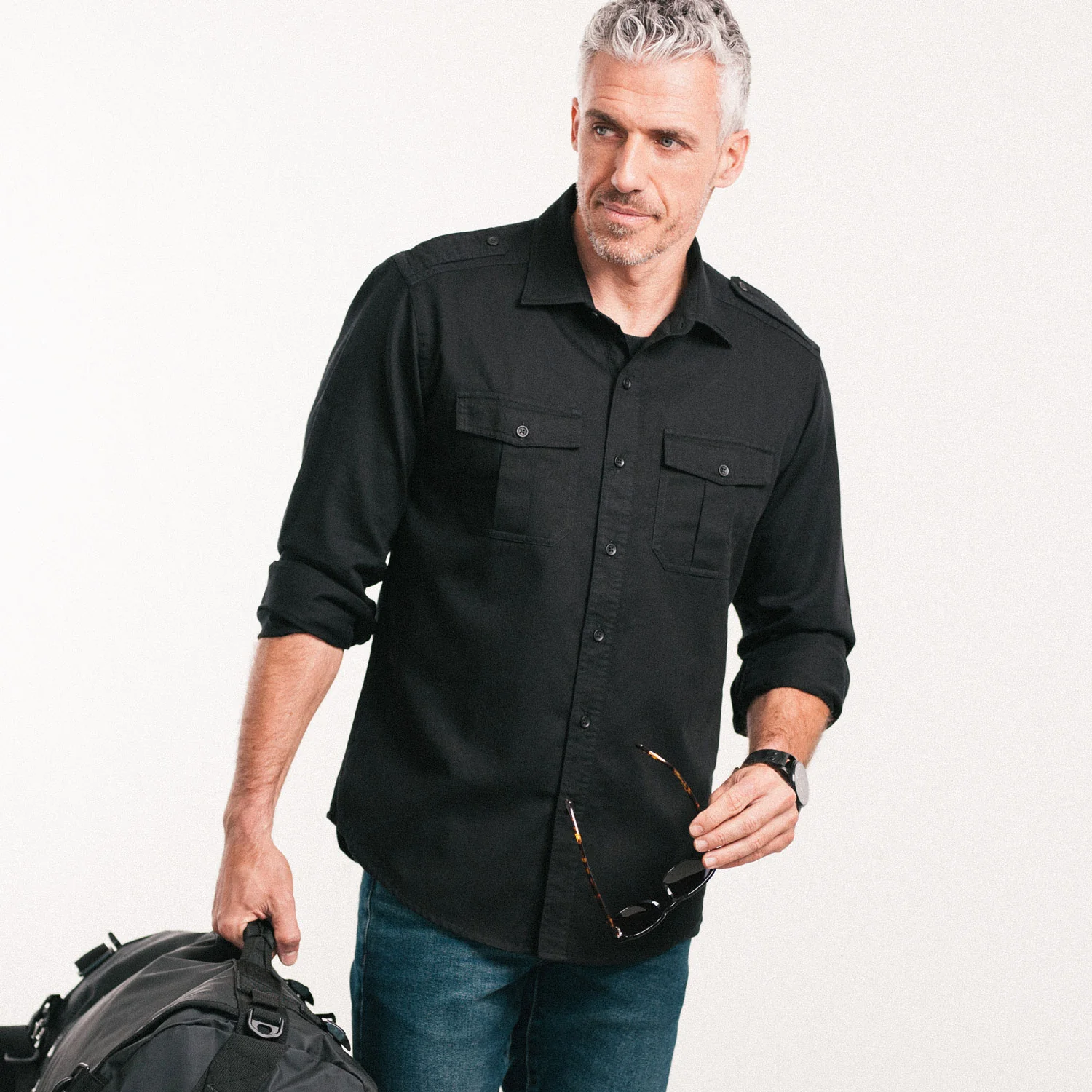 Jackson Utility Shirt – Black Cotton Herringbone - Image 8